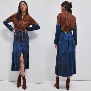 Anthropologie Cloth & Stone Perla Midi Shirt Dress Size Small Tie Dye Brown Blue